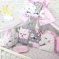 Комплект в кроватку с бортиками зверушками / бампер на детскую кроватку / постельное белье для новорожденных
