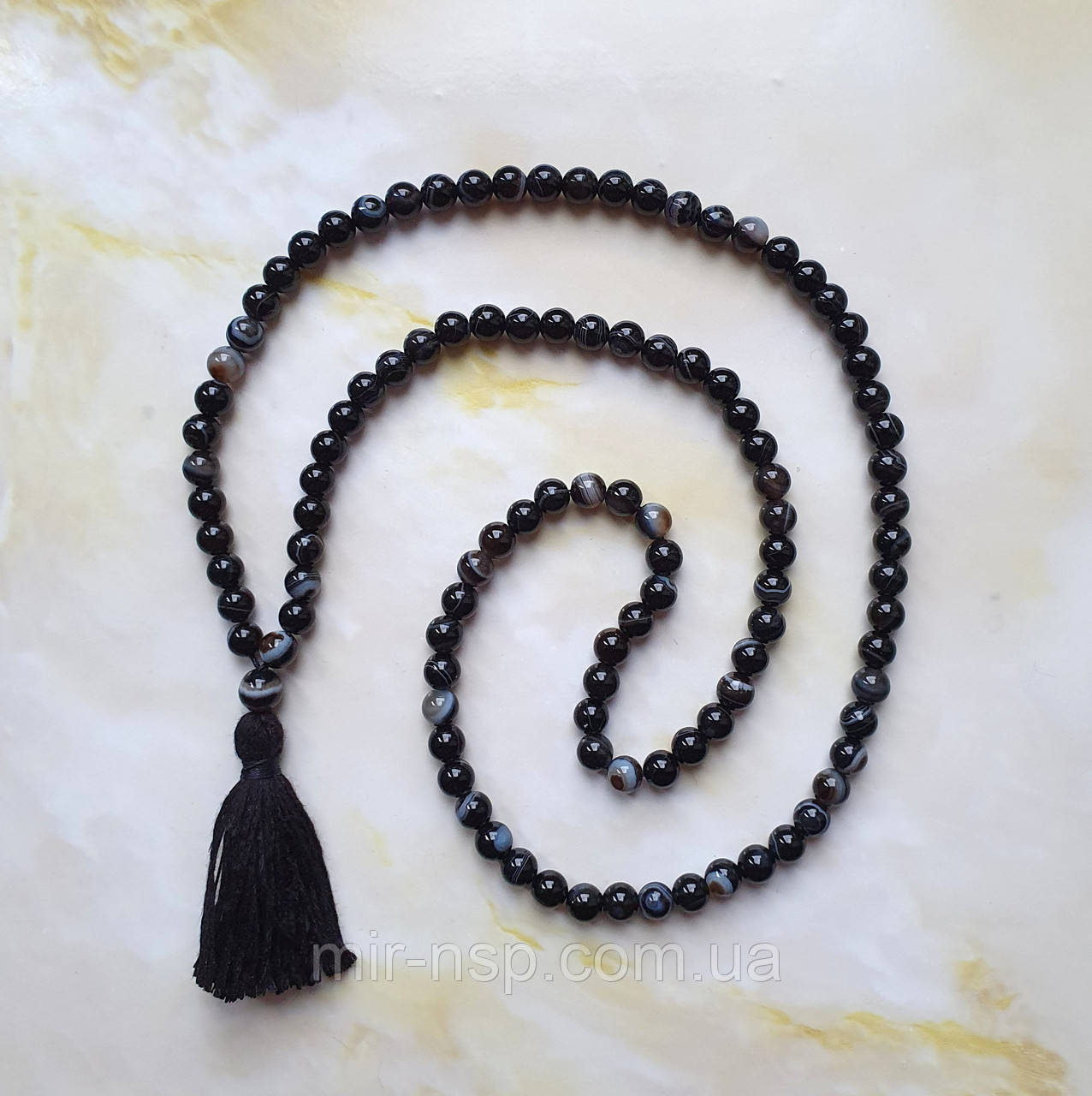 Мала чотки 108 намистин із натурального чорного агату (не прес) 6 мм, фото 1