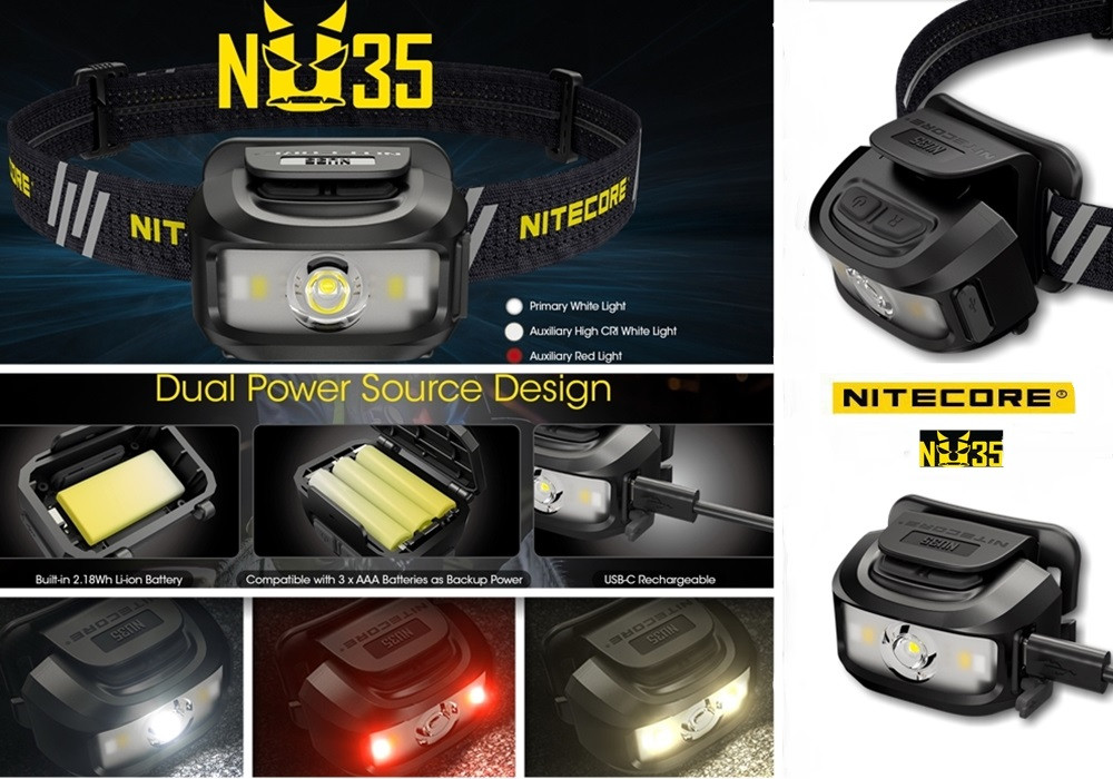 Налобний ліхтар з універсальним живленням NITECORE NU35 (460LM / 10 режимів / 590 mAh+3*AAA / USB Type-C)