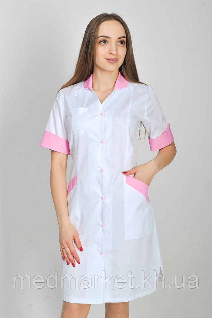 Халат медичний Магнолія ELIT COTTON Білий з рожевим