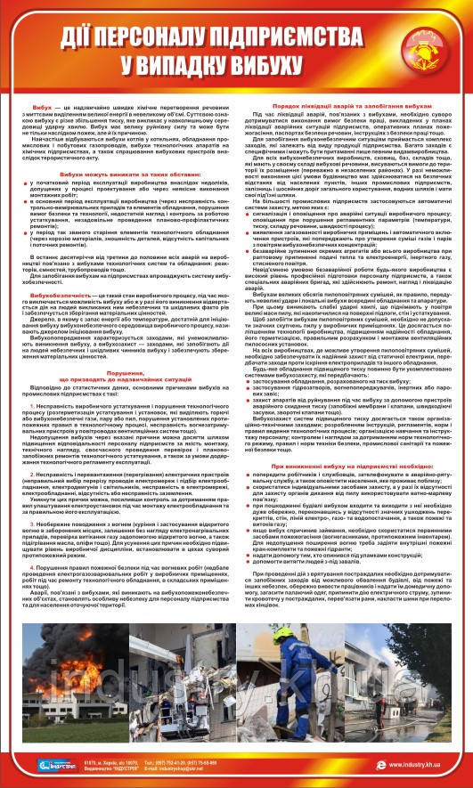 Стенд. Дії персоналу підприємства у випадку вибуху. 0,6х1,0. Пластик