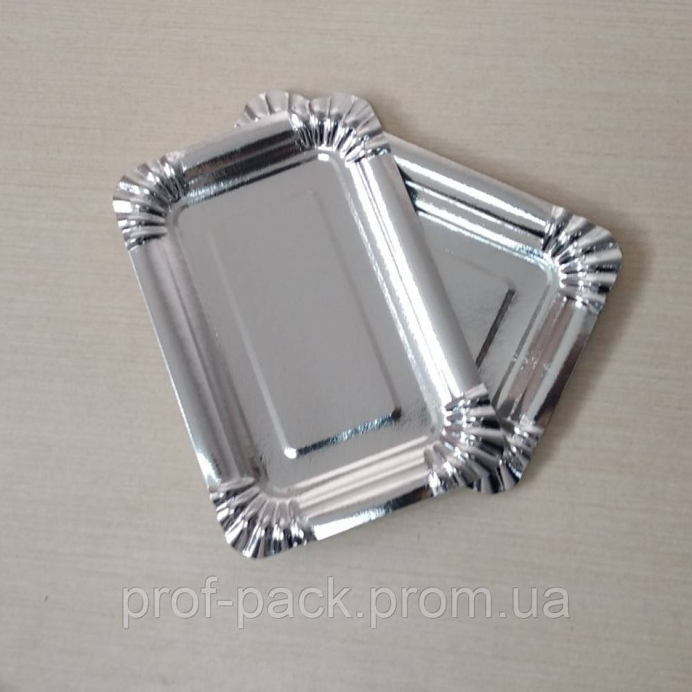 Тарелка бумажная прямоугольная, 12х17 см, ламинированная Серебро, 100 шт/уп - фото 1 - id-p1329307145