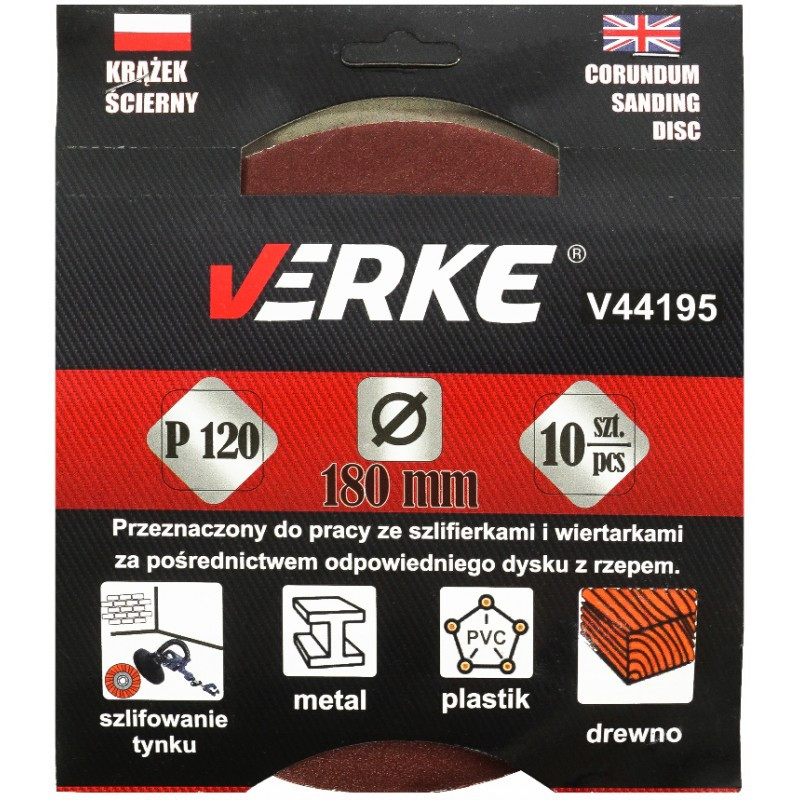 Шлифовальная бумага на липучке Verke V44195 : 180 мм | P120 - 8 отверстий, 10 шт. - фото 1 - id-p1329391693