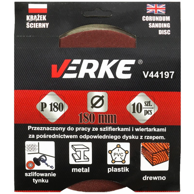 Шлифовальная бумага на липучке Verke V44197 : 180 мм | P180 - 8 отверстий, 10 шт. - фото 1 - id-p1329394603
