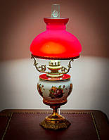 Настольная лампа, фарфор, бронза с красным абажуром, Чехия.