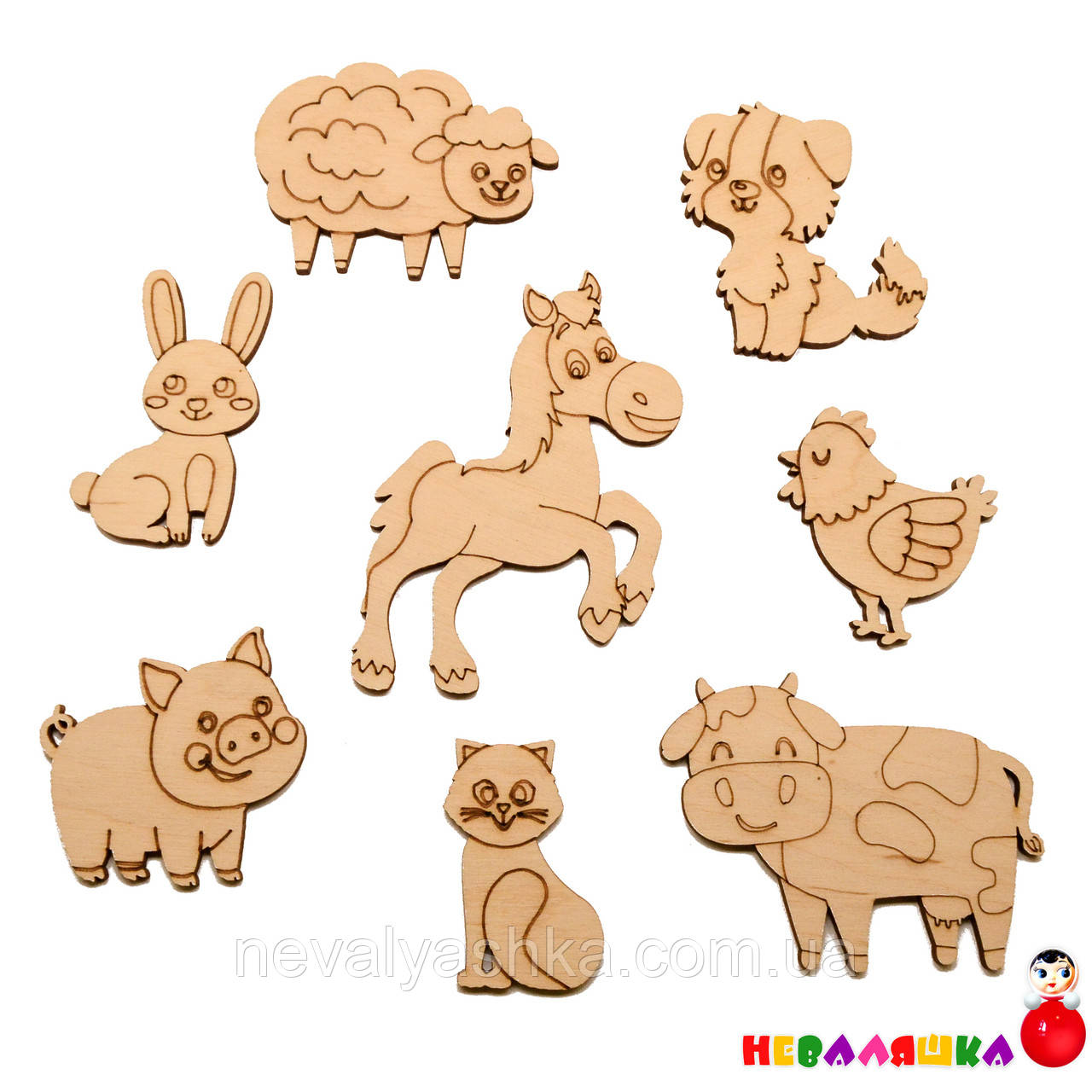 Заготовка для Бізіборду Дерев'яний Набір Фігурок Домашніх Тварин 8 шт Ферма