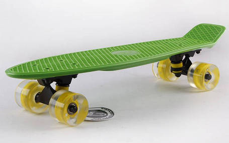 Скейтборд пластиковий Penny LED WHEELS FISH 22in зі світними колесами SK-405-8 (салат-чер-жовтий), фото 2