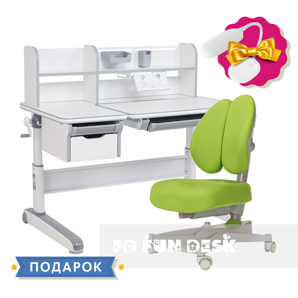 Комплект підлітковий👫 стіл-трансформер FunDesk Libro Grey + ортопедичне крісло FunDesk Contento Green