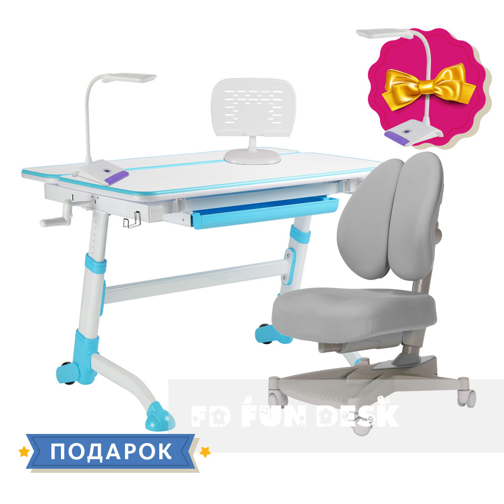 Комплект парта FunDesk Volare Blue + ортопедичне крісло для підлітків FunDesk Contento Grey