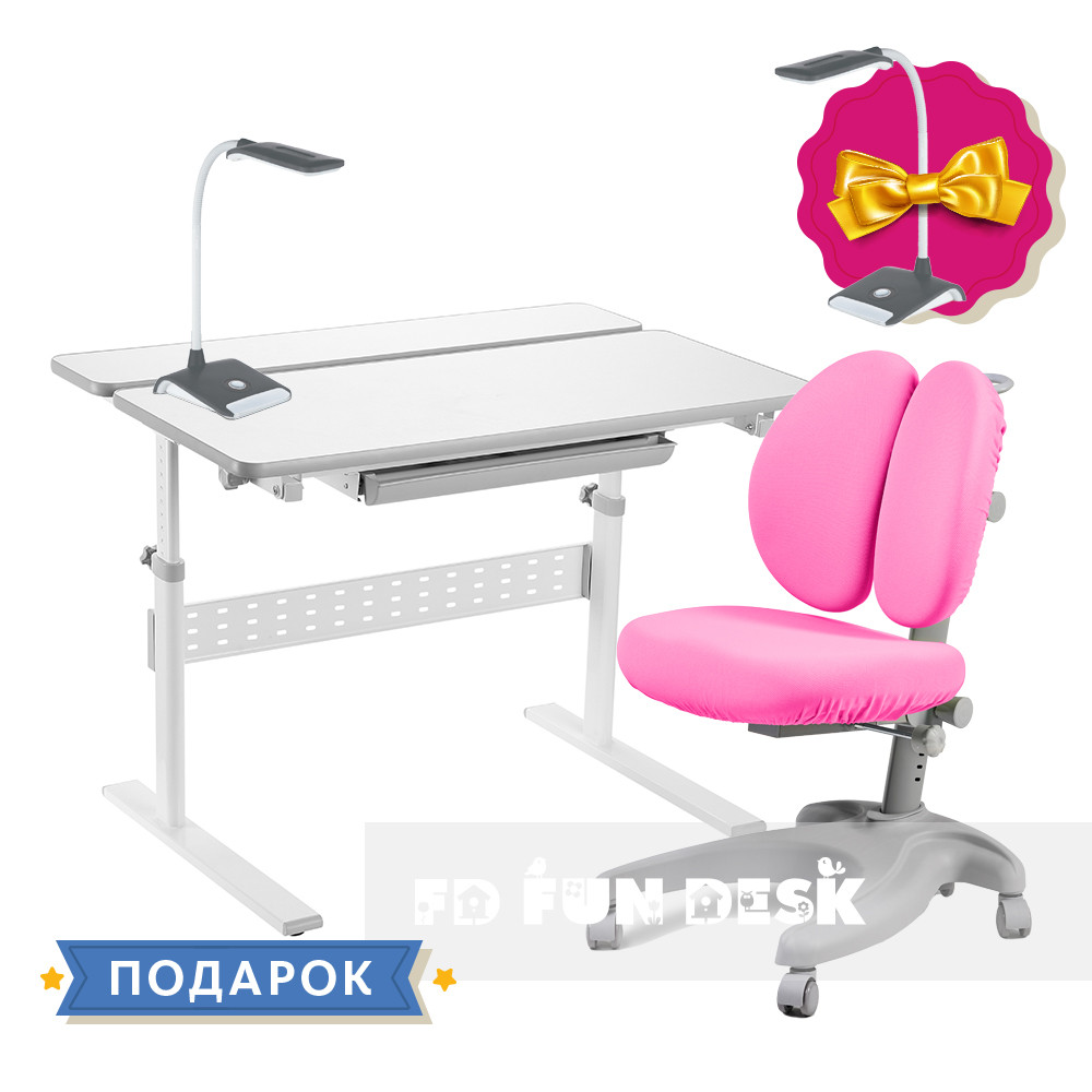 Комплект для школяра 👨🏫 парта-трансформер Fundesk Colore Grey + ергономічне крісло FunDesk Solerte Pink