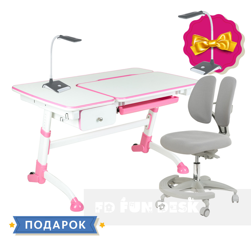 Комплект підліткова парта Amare Pink з висувним ящиком + підліткове крісло FunDesk Primo Grey