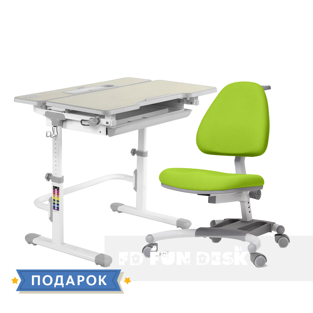 Комплект зростаюча парта для будинку FunDesk Lavoro L Grey+підліткове крісло FunDesk Ottimo Green