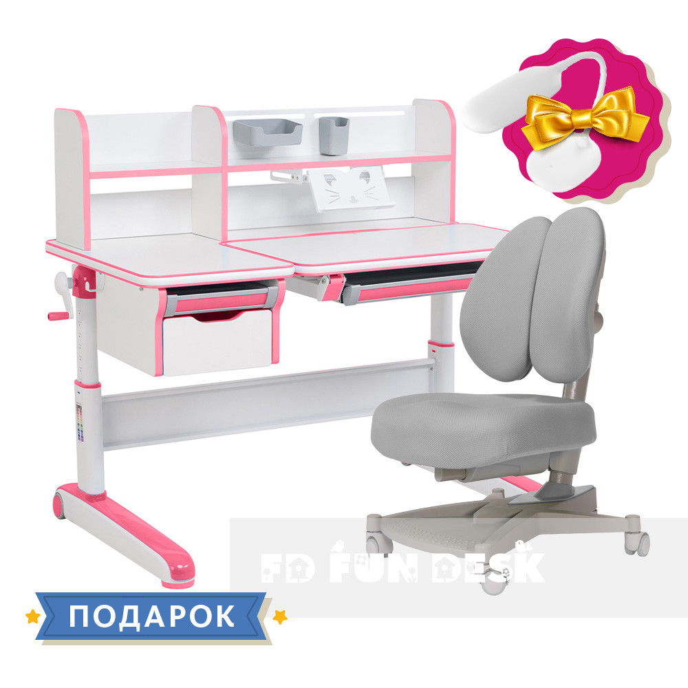 Зростаючий комплект стіл-трансформер FunDesk Libro Pink + ортопедичне крісло FunDesk Contento Grey