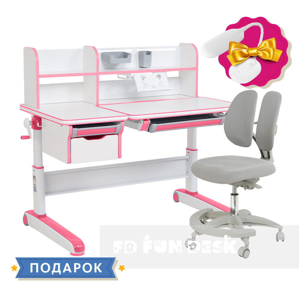Растущий комплект стол-трансформер FunDesk Libro Pink + подростковое кресло FunDesk Primo Grey