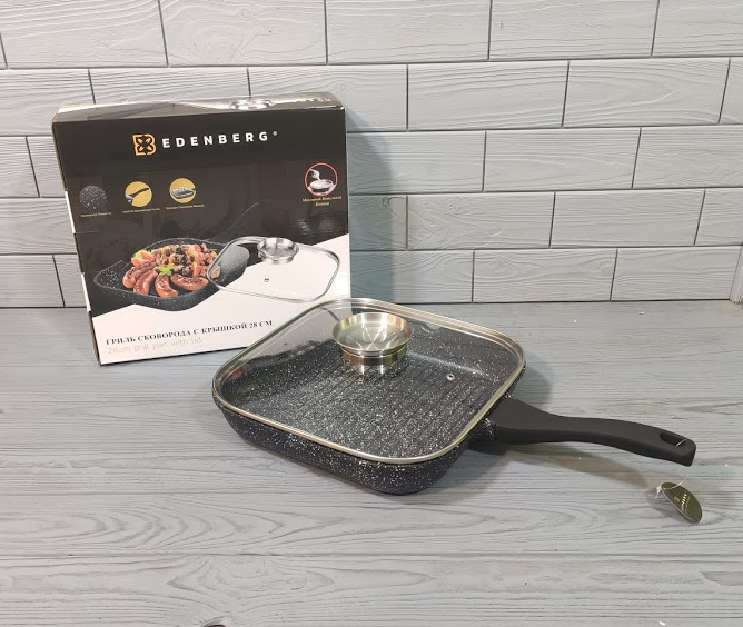 Сковорода-гриль з мармуровим покриттям 28см Edenberg EB-3310 Сковорода з антипригарним покриттям, фото 1