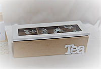 Коробка для чая деревянная 3 отделения TEA со стеклянной крышкой