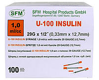 Шприц инсулиновый 1,0 мл со шкалой U-100 с интегрированной иглой 0,33 х 12,7 - 29G (100штук/упаковка) SFM