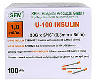 Шприц инсулиновый 1,0 мл со шкалой U-100 с интегрированной иглой 0,3 х 8 - 30G (100штук/упаковка) SFM