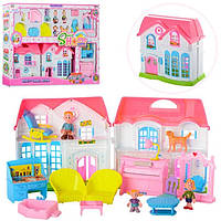 Домик кукольный раскладной 2 этажа Bambi с мебелью и семьей из мини кукол, розовый. Подарок для девочки