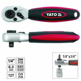 Ключ тріскачка під біти та головки 1/4, CrV, хромований 136 мм YATO