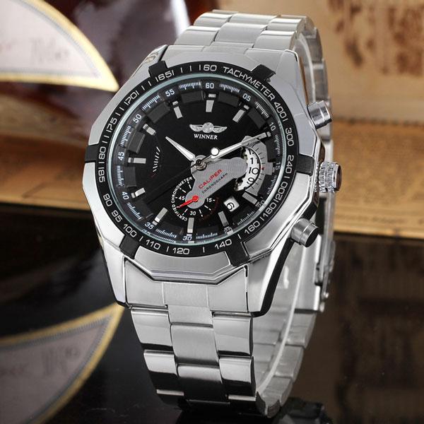 Мужские механические часы скелетон Winner titanium серебристые с черным циферблатом - фото 3 - id-p1330439312