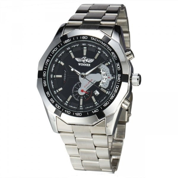 Мужские механические часы скелетон Winner titanium серебристые с черным циферблатом - фото 1 - id-p1330439312
