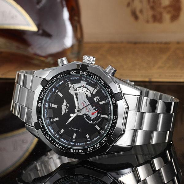 Мужские механические часы скелетон Winner titanium серебристые с черным циферблатом - фото 5 - id-p1330439312
