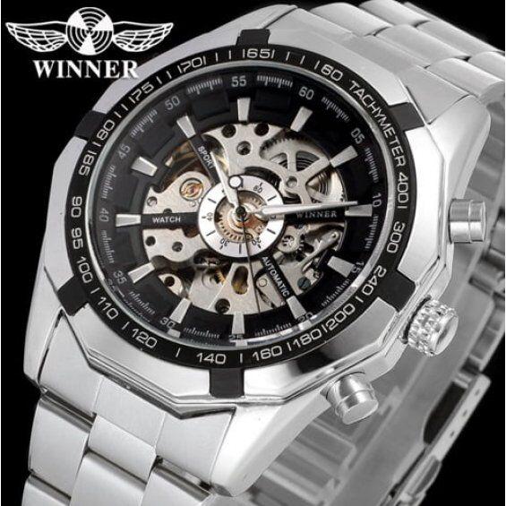 Мужские механические часы Winner timi серебристые с черным циферблатом скелетон на браслете - фото 2 - id-p1330439313