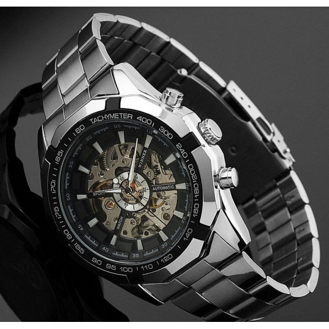 Мужские механические часы Winner timi серебристые с черным циферблатом скелетон на браслете - фото 4 - id-p1330439313