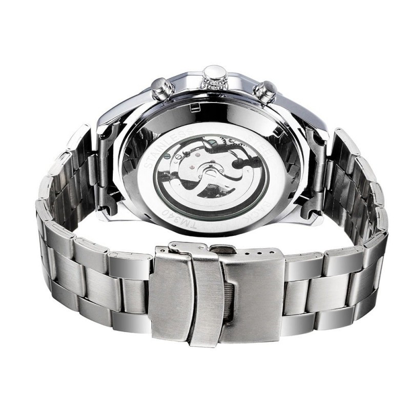 Мужские механические часы Winner timi серебристые с черным циферблатом скелетон на браслете - фото 5 - id-p1330439313
