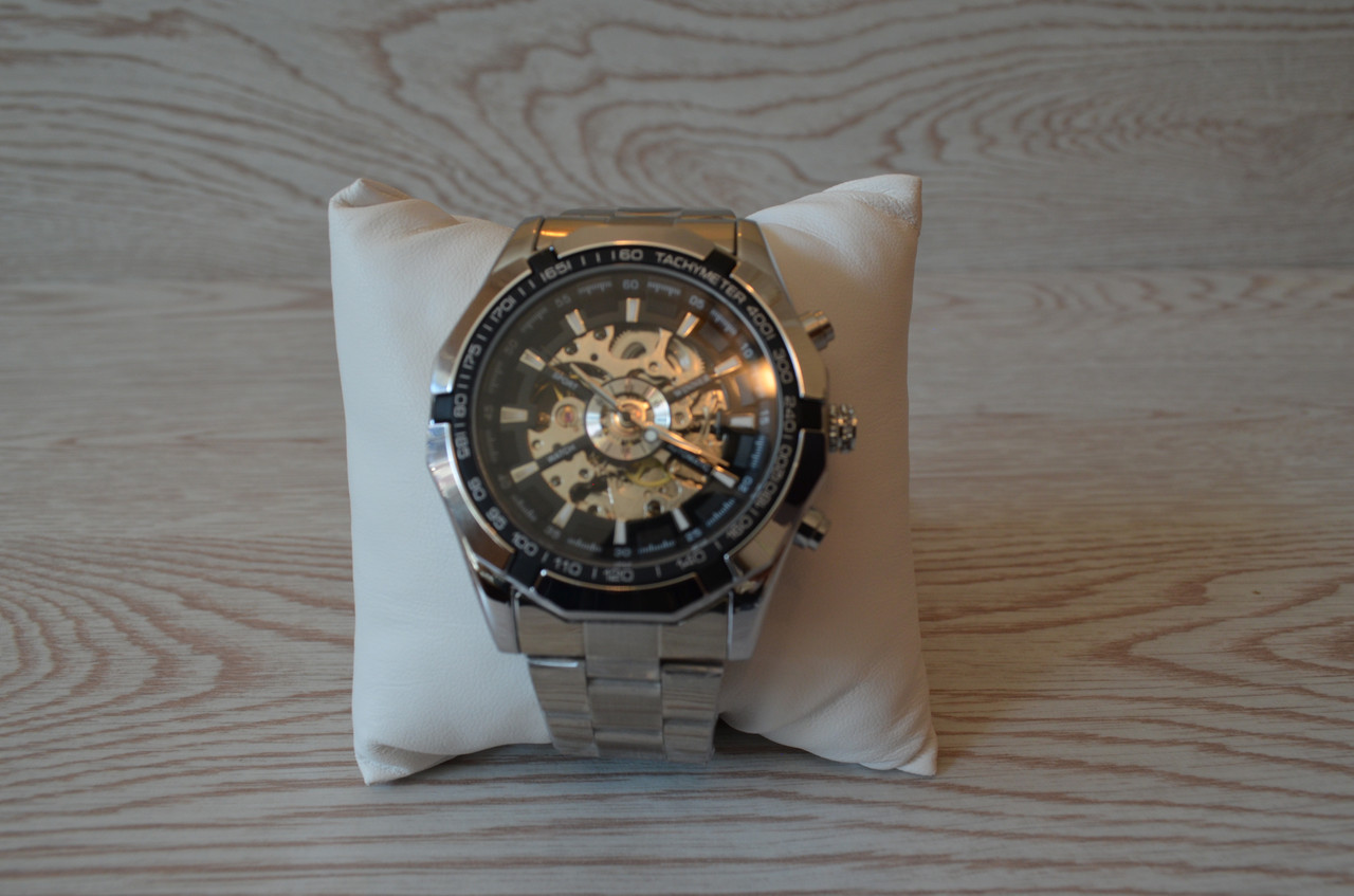 Мужские механические часы Winner timi серебристые с черным циферблатом скелетон на браслете - фото 7 - id-p1330439313