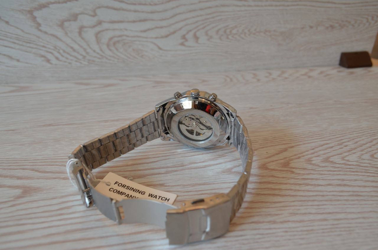 Мужские механические часы Winner timi серебристые с черным циферблатом скелетон на браслете - фото 10 - id-p1330439313