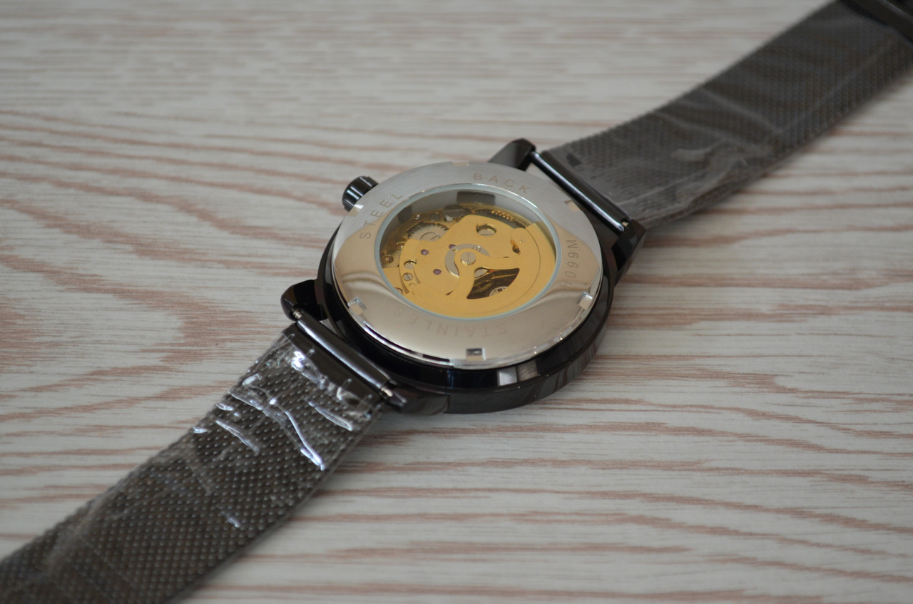 Мужские механические часы Winner Aperol черные с золотистым циферблатом часы скелетон - фото 9 - id-p1330439314