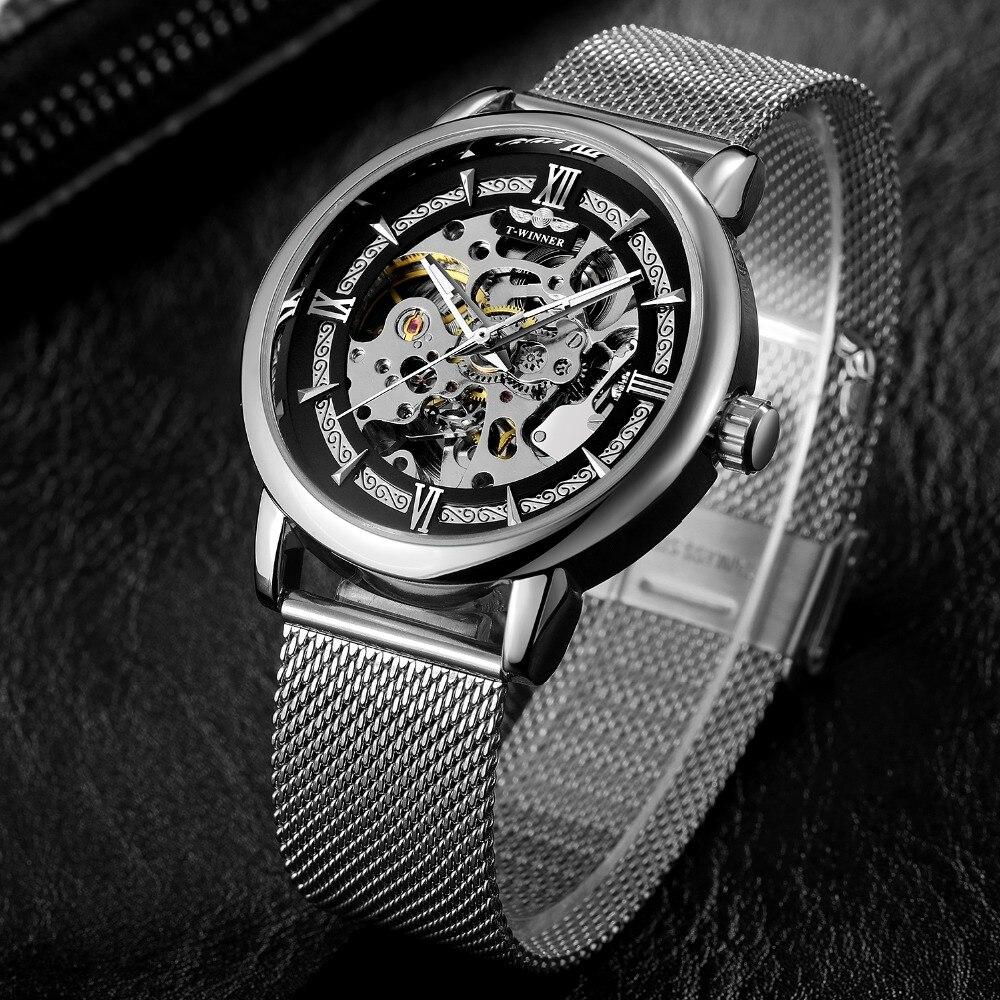 Мужские механические часы Winner Aperol серебристые с серебристым циферблатом скелетон - фото 2 - id-p1330439316