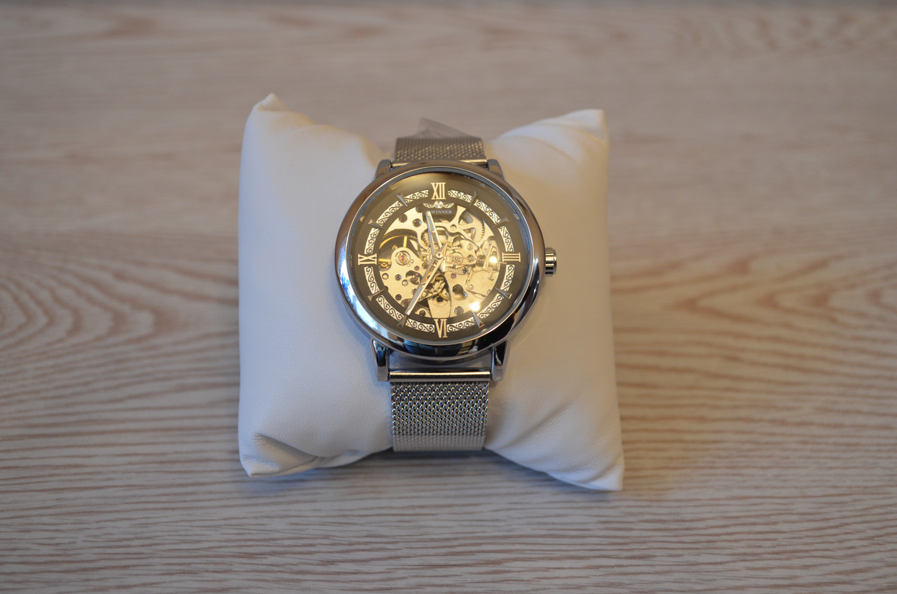 Мужские механические часы Winner Aperol серебристые с серебристым циферблатом скелетон - фото 10 - id-p1330439316