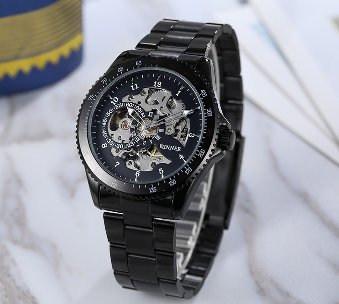 Мужские механические часы Winner Tony черные с черным циферблатомскелетон - фото 3 - id-p1330439317