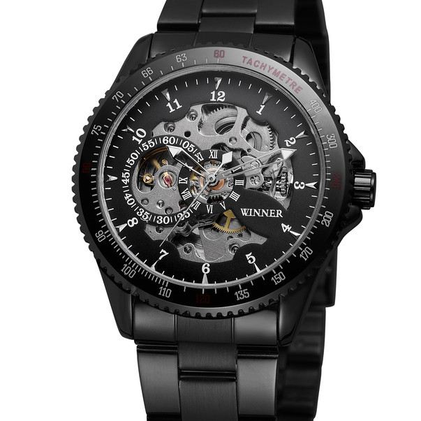 Мужские механические часы Winner Tony черные с черным циферблатомскелетон - фото 2 - id-p1330439317