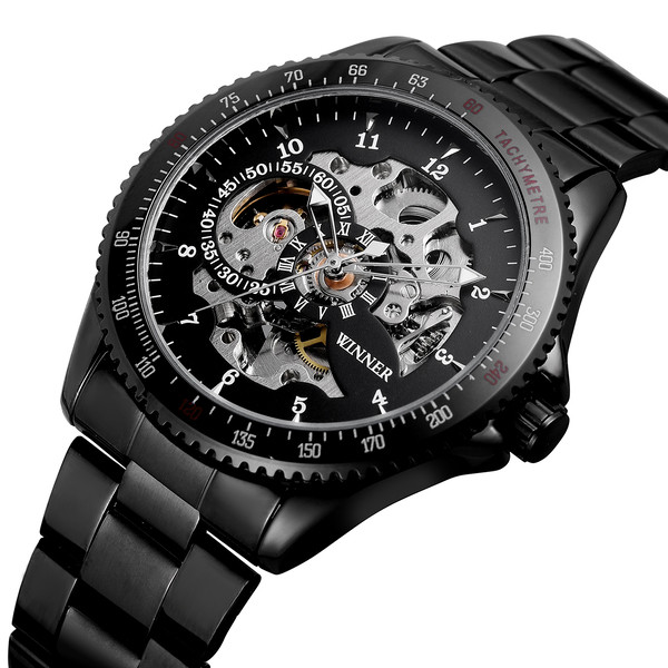 Мужские механические часы Winner Tony черные с черным циферблатомскелетон - фото 1 - id-p1330439317