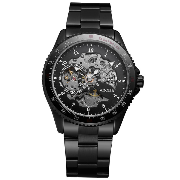 Мужские механические часы Winner Tony черные с черным циферблатомскелетон - фото 4 - id-p1330439317