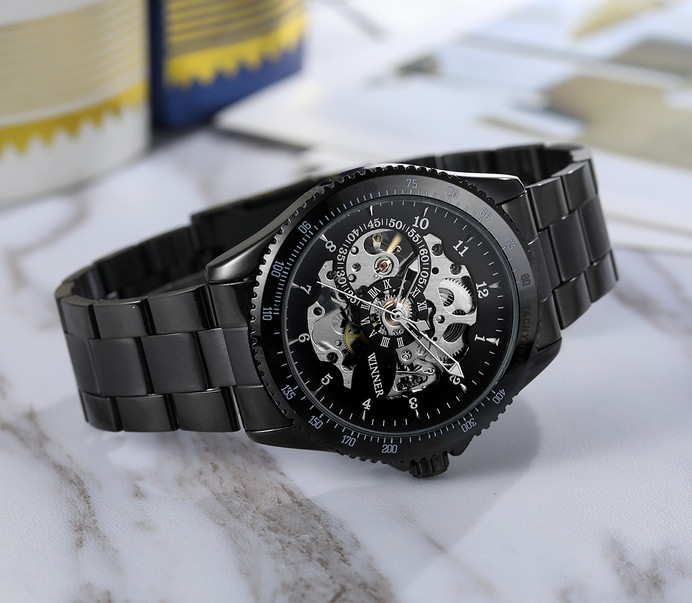 Мужские механические часы Winner Tony черные с черным циферблатомскелетон - фото 8 - id-p1330439317