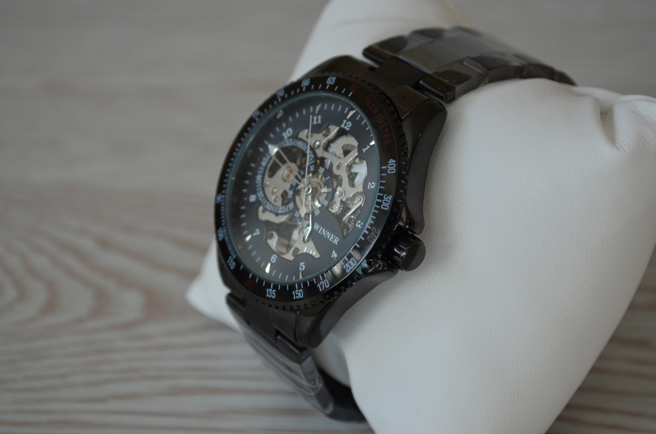 Мужские механические часы Winner Tony черные с черным циферблатомскелетон - фото 9 - id-p1330439317