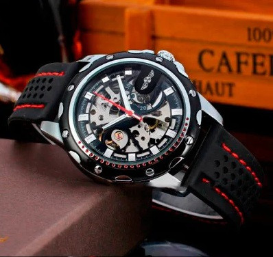 Мужские механические часы Winner Platinum черные с черным циферблатом скелетон - фото 2 - id-p1330439318