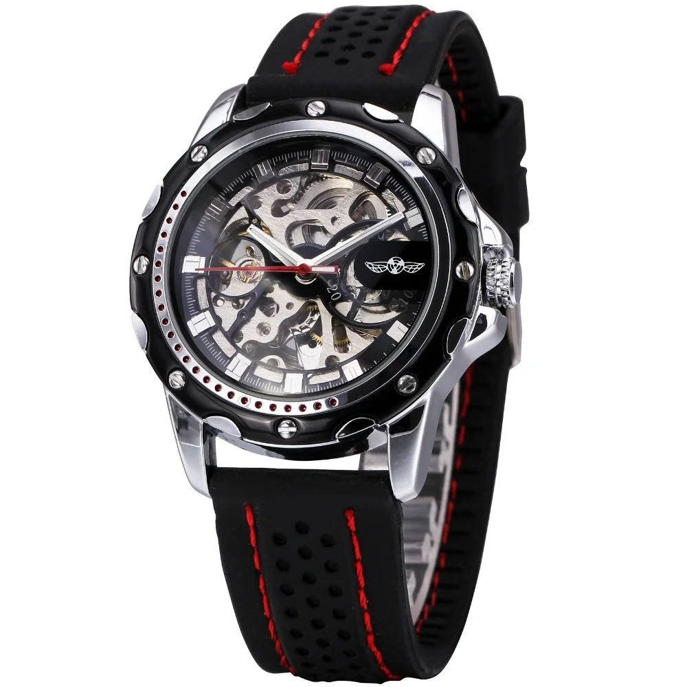Мужские механические часы Winner Platinum черные с черным циферблатом скелетон - фото 1 - id-p1330439318