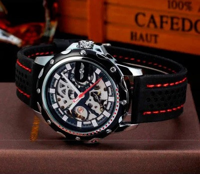 Мужские механические часы Winner Platinum черные с черным циферблатом скелетон - фото 4 - id-p1330439318