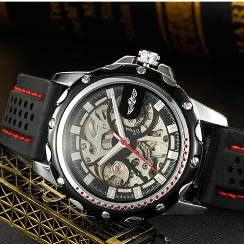 Мужские механические часы Winner Platinum черные с черным циферблатом скелетон - фото 5 - id-p1330439318