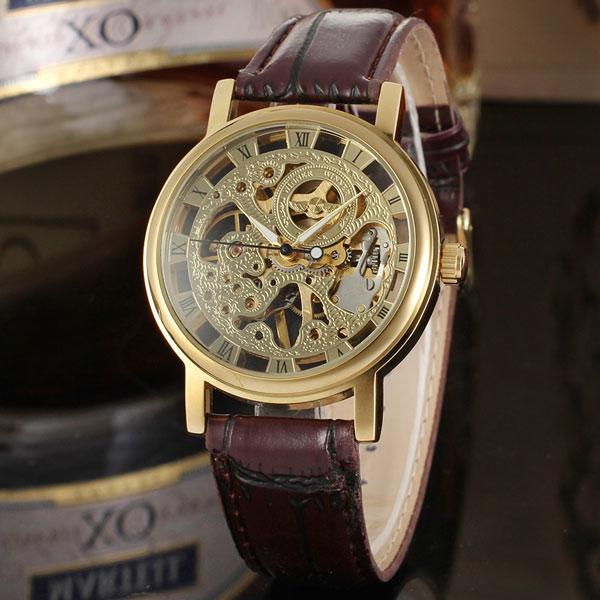 Мужские механические часы Winner gold коричневые с золотистым циферблатом скелетон - фото 3 - id-p1330439319