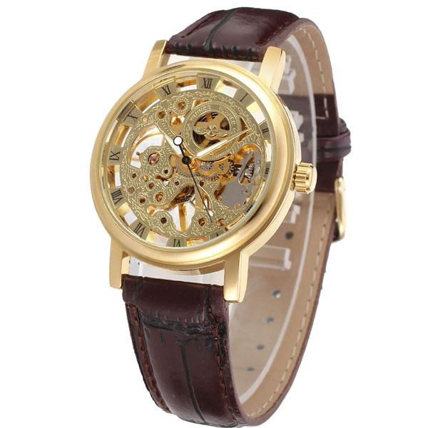 Мужские механические часы Winner gold коричневые с золотистым циферблатом скелетон - фото 2 - id-p1330439319