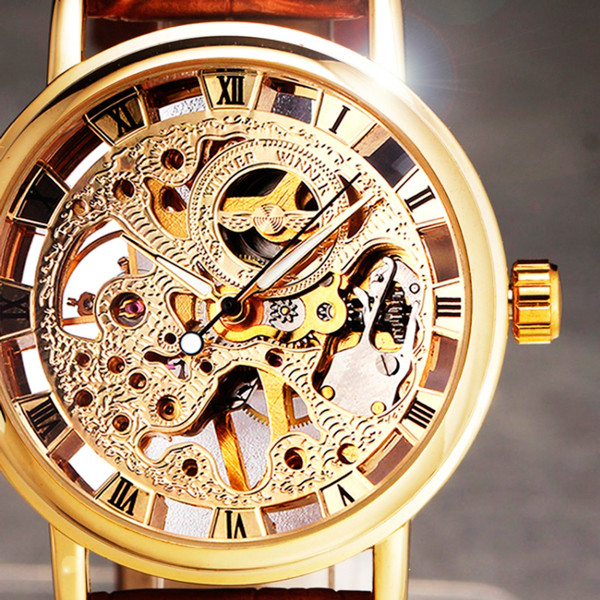 Мужские механические часы Winner gold коричневые с золотистым циферблатом скелетон - фото 7 - id-p1330439319