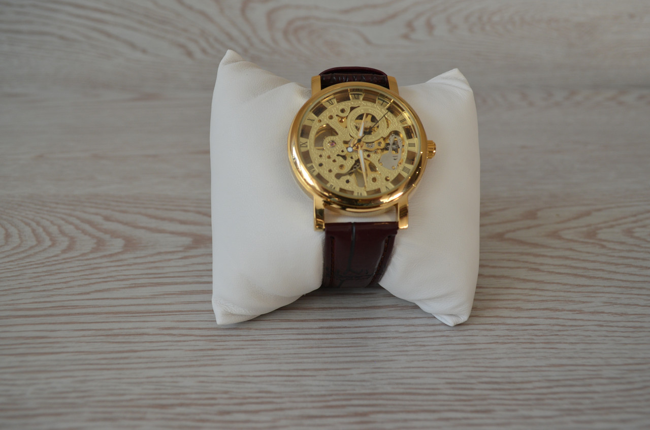 Мужские механические часы Winner gold коричневые с золотистым циферблатом скелетон - фото 8 - id-p1330439319
