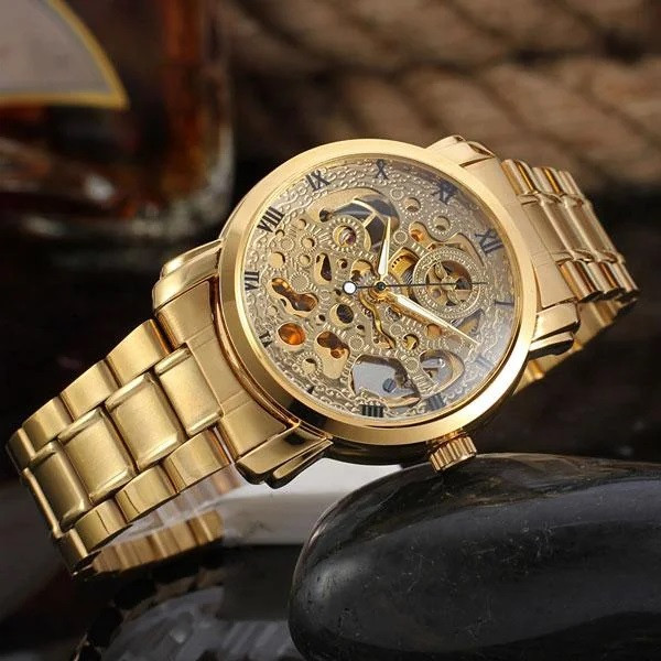 Мужские механические часы скелетон Winner bestseller new золотые с золотистым циферблатом - фото 2 - id-p1330439320